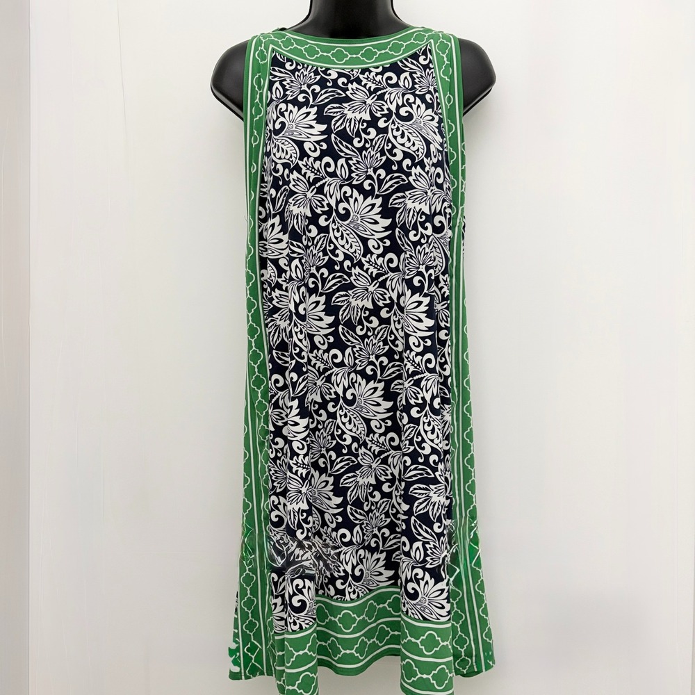 Max Studio Shift Dress Floral Paisley Geometric Border Navy Green White